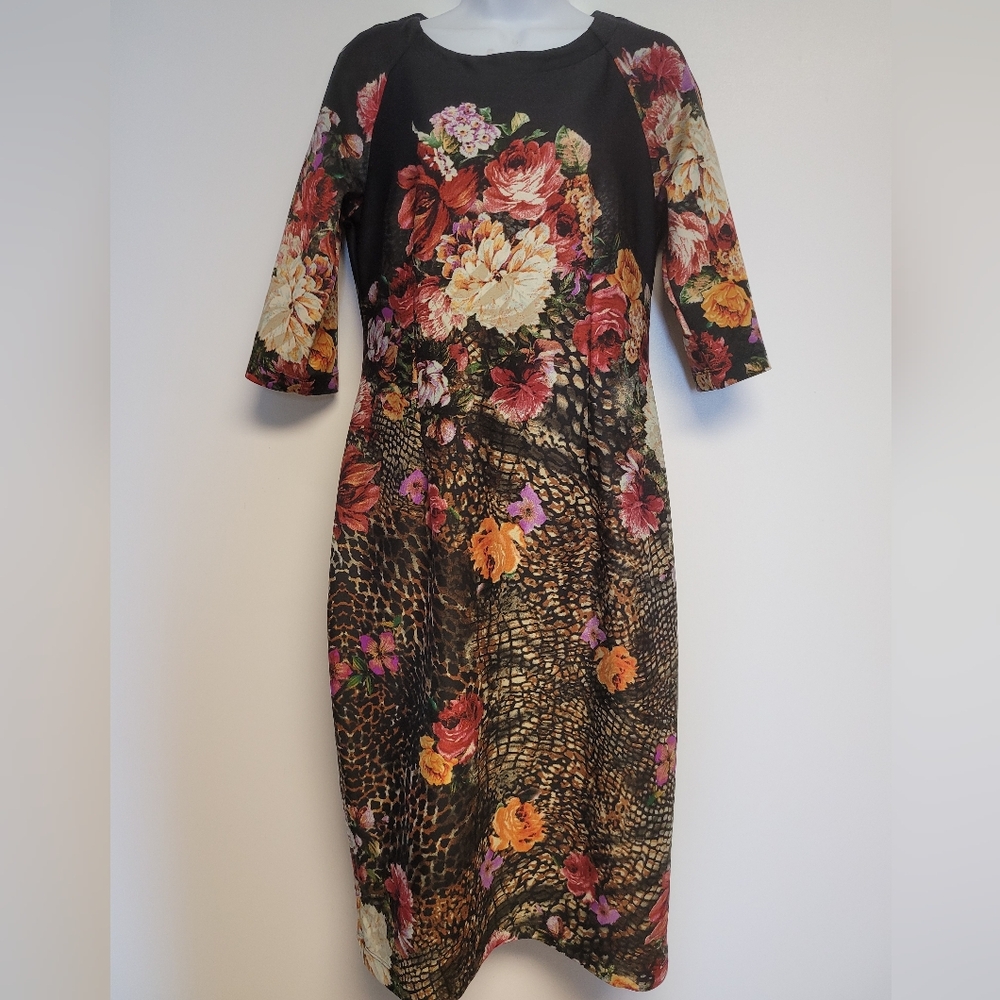 Julian Taylor NY Floral & Animal Print Midi Dress Size 12 Black 3/4 Sleeve